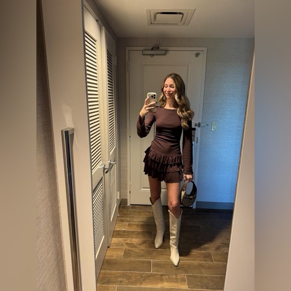 Free People Good Feels Ruffle Long-Sleeve Mini Dress Aubergine Brown Size Small - Picture 4 of 4